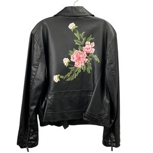 New York and Company Faux Leather Moto Women Jacket Black Size XL Flowers